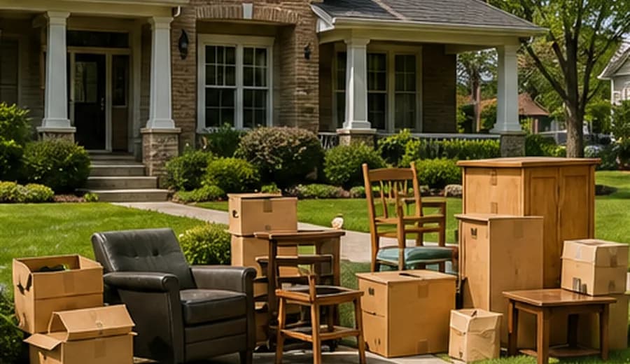 Boxes and furniture staged outside a home for an estate cleanout